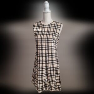 Wool Vintage Midi Dress Sleeveless Cream Black Plaid 60s 70s Mod Union Label USA